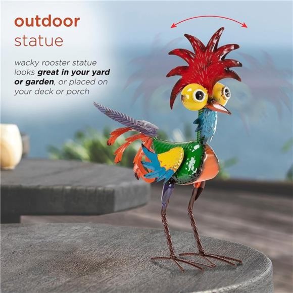 18" Tall Indoor/Outdoor Wacky Metal Rooster Yard Statue Decoration, Multicolor - Picture 3 of 5